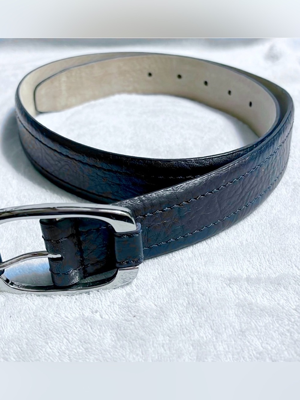 Talbots Navy Leather Belt with Silver Buckle